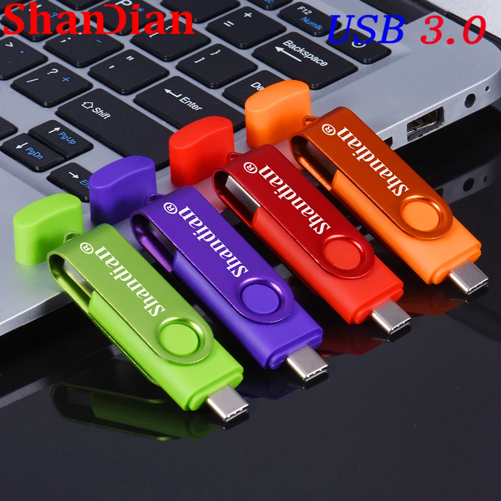 SHANDIAN ความเร็วสูง TYPE-C 2 in 1 USB แฟลชไดรฟ์ 64GB ไดรฟ์ปากกาหมุนได้ 32GB สะดวกพวงกุญแจ Memory Stick ธุรกิจ U Disk