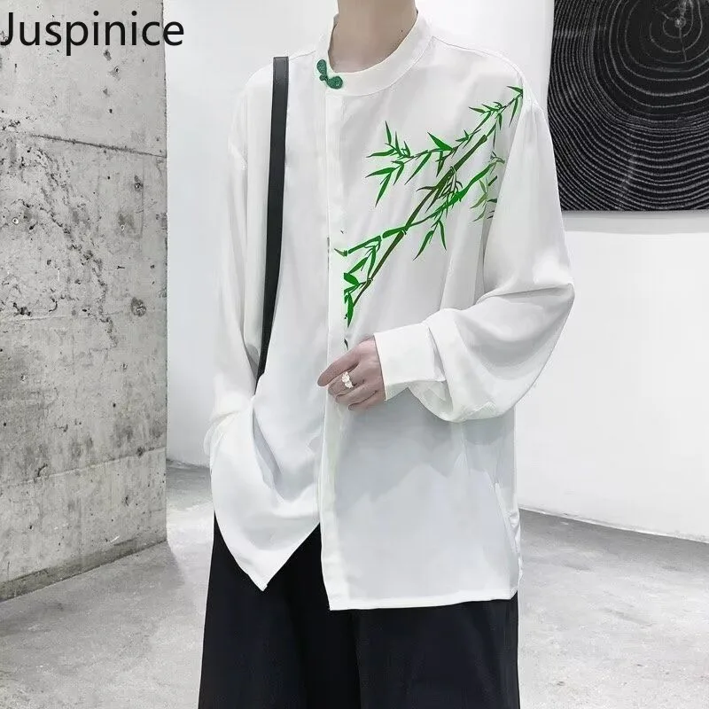 

Juspinice New Chinese Style Men's Embroidered Shirt Long Sleeved Top Tang Style Buttoned Jacket Hanfu Standing Collar Shirt