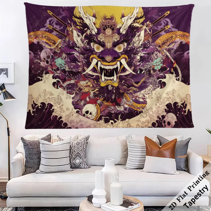 Mythological Japanese Demon Dragon Oni Skull Tapestry Dark Anime Wall Hanging Decor 180x280cm Gothic Tapestry Art