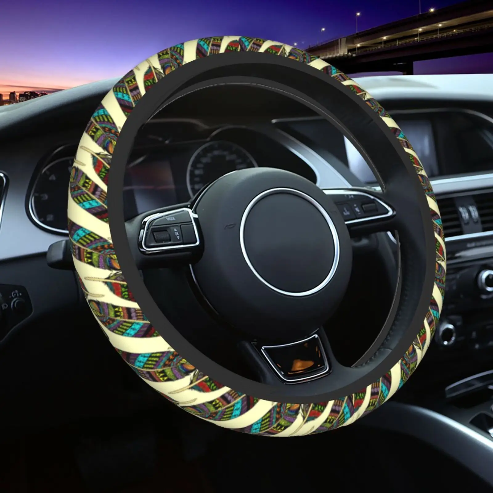 

Colored Feathers Print Steering Wheel Covers Anti Slip Elasticity Car Accessories Steering Wheel Protector Universal 15 Inch