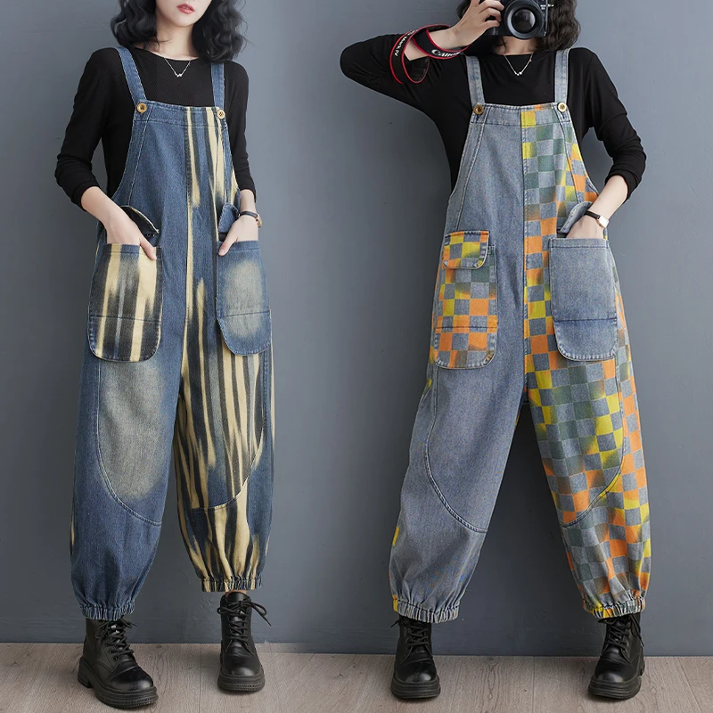 Spring New Style Color Block Large Pocket Denim Onesie Overalls Leg Slimming Cuffed High Waist Cotton Wide Leg Pants