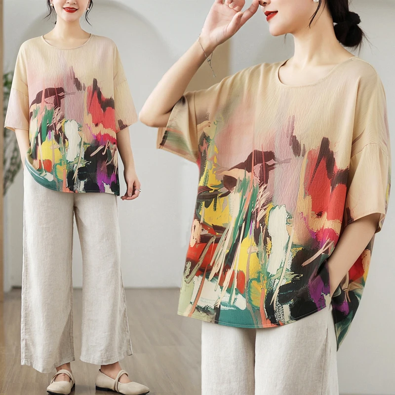 

Fashionable Loose Base Shirt Women's T-shirt Printed Casual Style round Neck Short Sleeve Lightweight Comfortable Fit for Summer