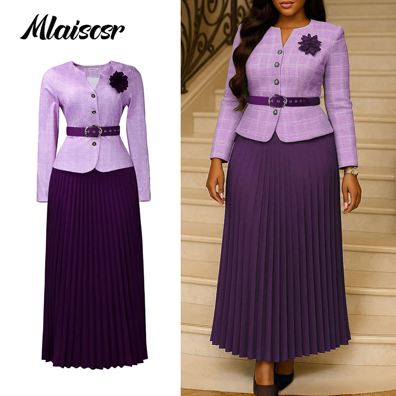 

Модный клетчатый блейзер Mlaiscsr для женщин: костюм с пуговицами, 3D цветочной брошью, поясом и плиссированной юбкой, комплект из 2 предметов, офисный наряд для женщин