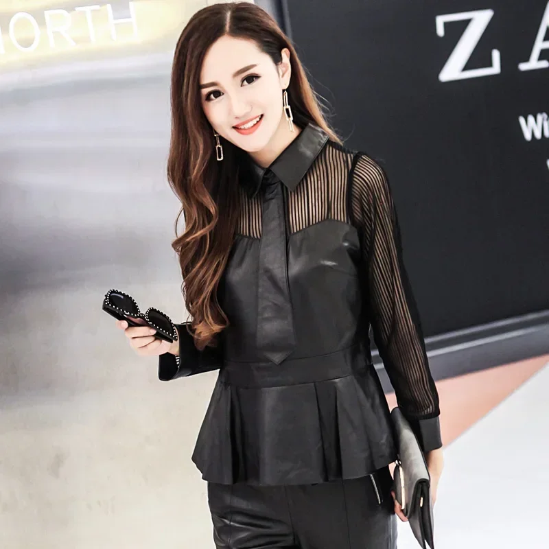 Real Sheepskin Leather Shirts for Women Spring Autumn 2024 Elegant Tops Woman Slim Female Clothes Cuero Genuino Zjt2570