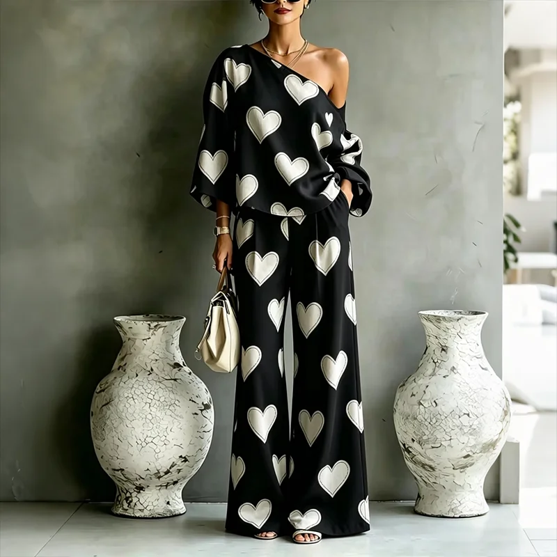 

Women's Print 2-Piece Outfit Asymmetrical Off-Shoulder Blouse High Waist Wide Leg Pants Vibrant Casual Woman Matching Set