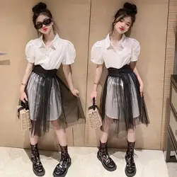 Girl Short Sleeve Shirts + Mesh Skirts 2pcs Sets Children Summer New Fashion Top Suits Teenage Clothes Sets 6-16Y Wz1180