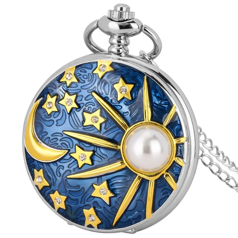 Collier à quartz étoile et lune bleu mer en relief incrusté de perle, montre de poche en argent, chaîne à pendentif pour homme, nouveau, 600