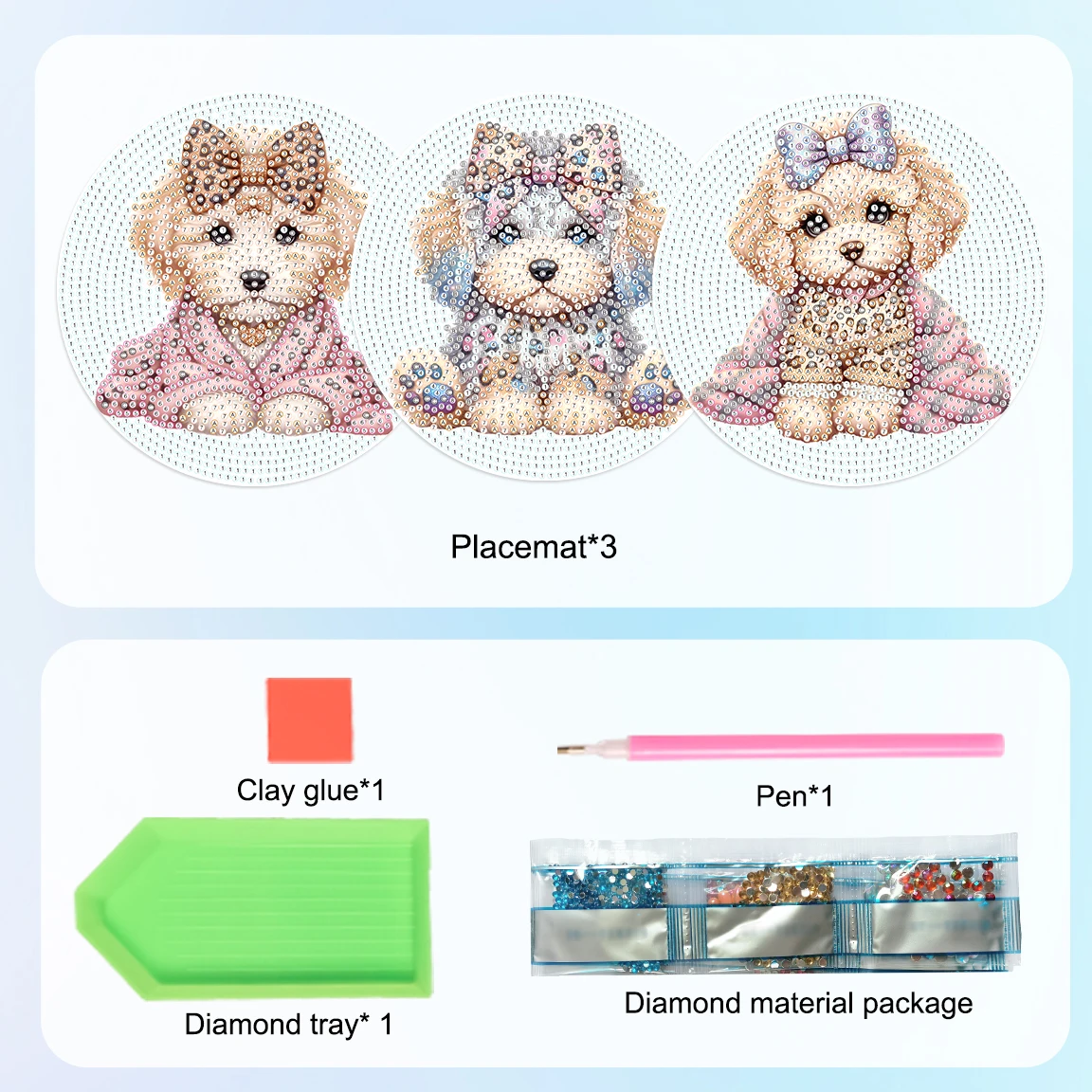 3 قطع الماس الفن اللوحة تحديد الموقع أطقم، لطيف جرو الماس جولة مكان الحصير الحرفية الجدول الحصير الجدول المطبخ للمنزل ديكور هدية #3