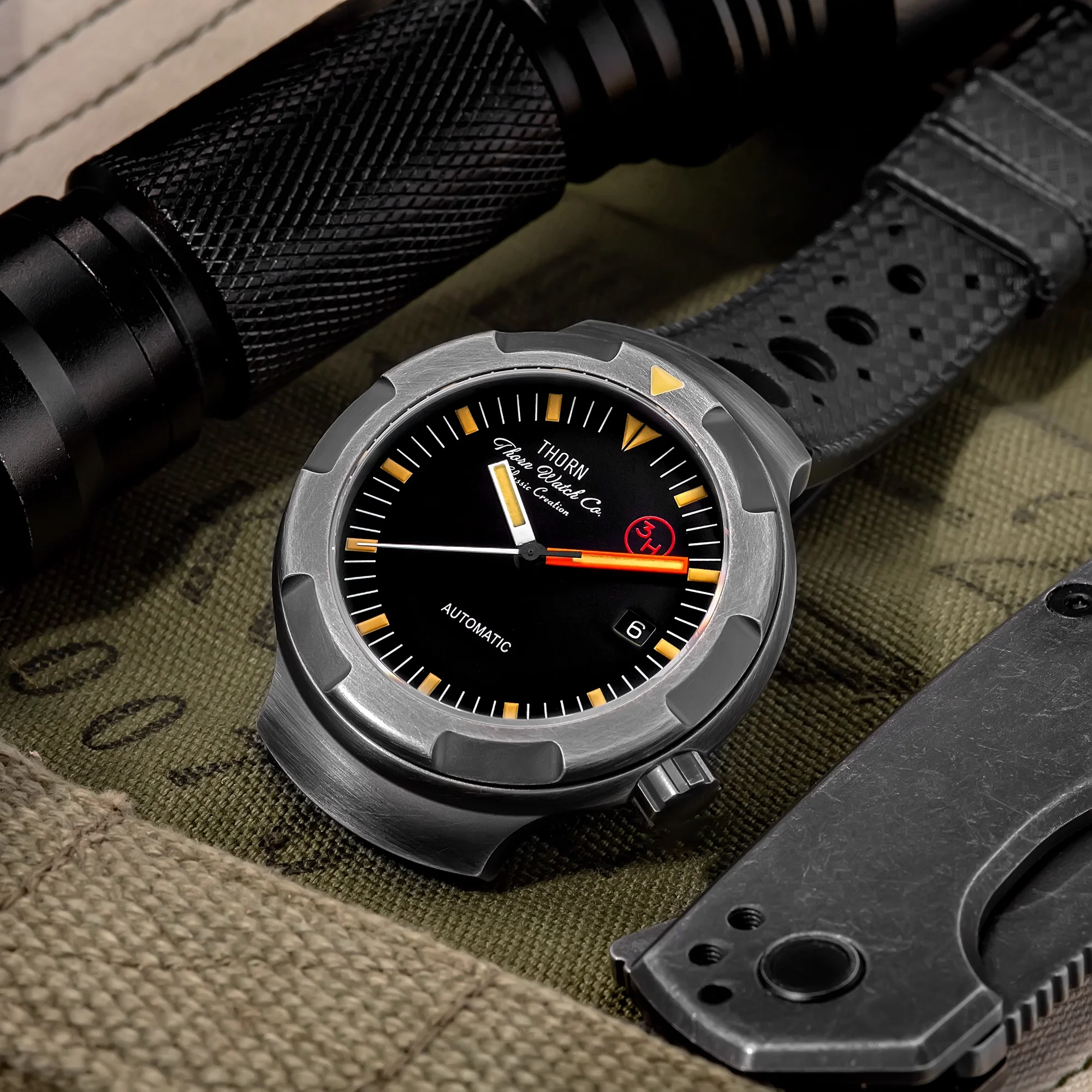 Thorn 42mm Men's Retro Titanium Diver Watch PT5000 Automatic Movement Rubber Strap C3 Luminous 20Bar Water Resistance