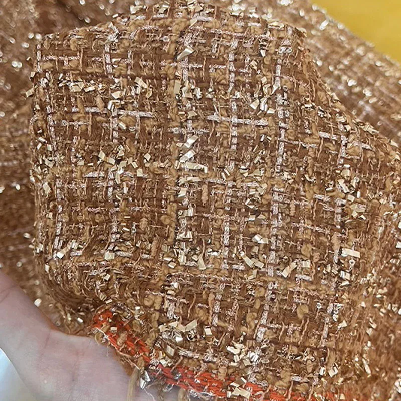 

Coffee Color and Gold Ribbon Yarn Dyed Braided Tweed Fabric For Woman's Autumn Jacket Dress Suits Coat DIY Sewing Material