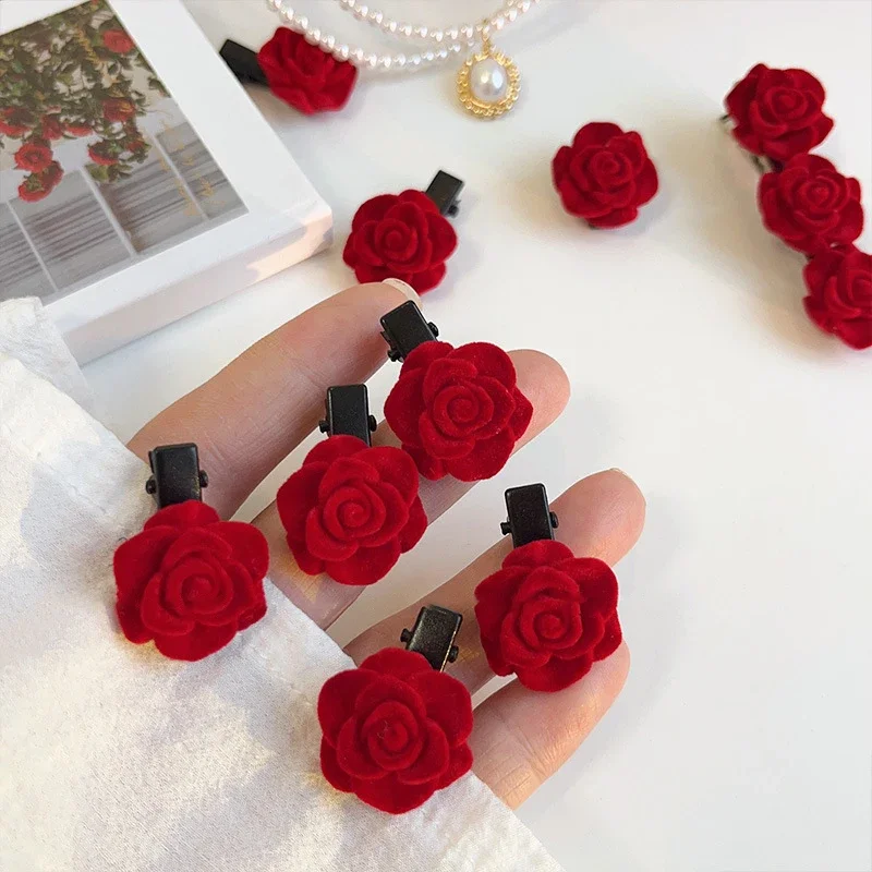 Set Red Velvet Rose Hair Clips For Women Small Rose Hairpins Girls Elegant Hair Clip Pin Barrettes Wedding Hair Accessories