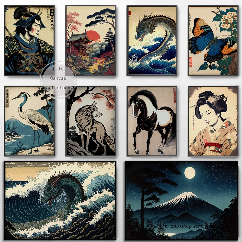 Vintage Japanese Style Ukiyo-e Animal Crane Eagle Landscape Art Posters Canvas Painting Wall Prints Picture for Room Home Decor