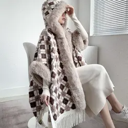 Warm Winter Women Tassels Plaids Shawl Coat Plush Thickened Fleece Fringed Hooded Capes Jacket Mid Length Scarf Cardigan Ponchos