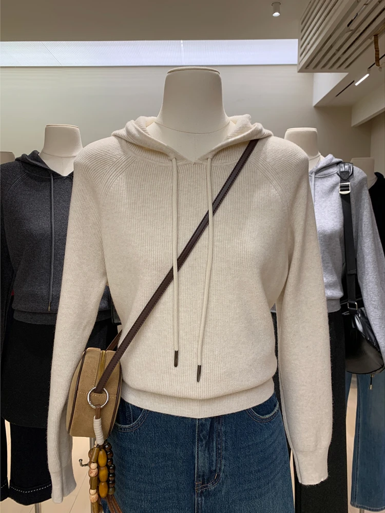 

Теплый осенне-зимний однотонный вязаный свитер с капюшоном на шнурке для отдыха, кашемировый пуловер, свободный женский свитер с длинными рукавами
