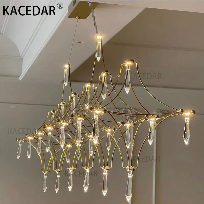 

Modern Luxury Crystal LED Chandelier Hotel Villa Duplex Living Room Dining room Firefly Hanging Light Bar Island Decor Lamp Gold