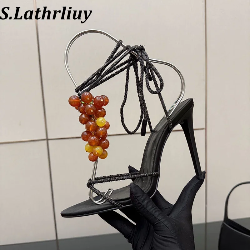 high heels sandals Summer Sandals New Bead Decoration Fashion Women's High Heels Narrow Band Ankle Strap Party Dress Sandals