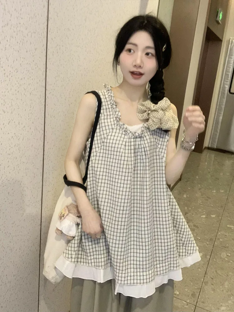 Korean Design Summer New Women's Off-Shoulder Vest Loose Sleeveless Outerwear Elegant Top Sweet Style Grid Pattern