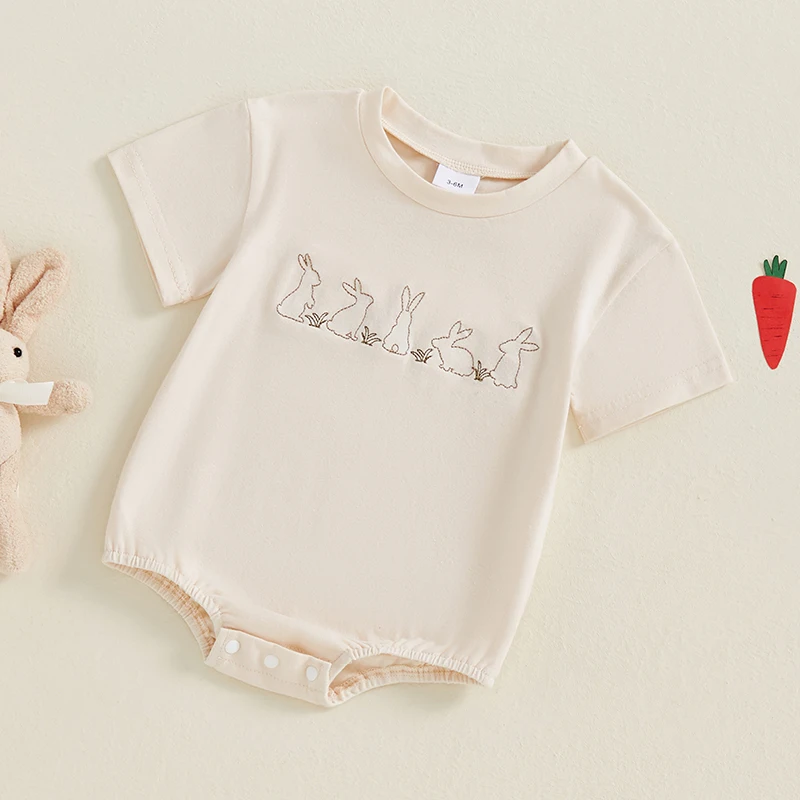 Baby Girls Easter Jumpsuit Outfit Casual Bunny Embroidered Short Sleeve Newborn Romper for Toddler Cute Clothes