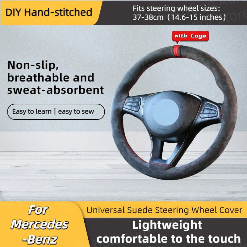 Universal Suede Car Steering Wheel Cover with Logo, DIY Hand Sewing Soft Winter Warm Steering Cover for Mercedes-Benz