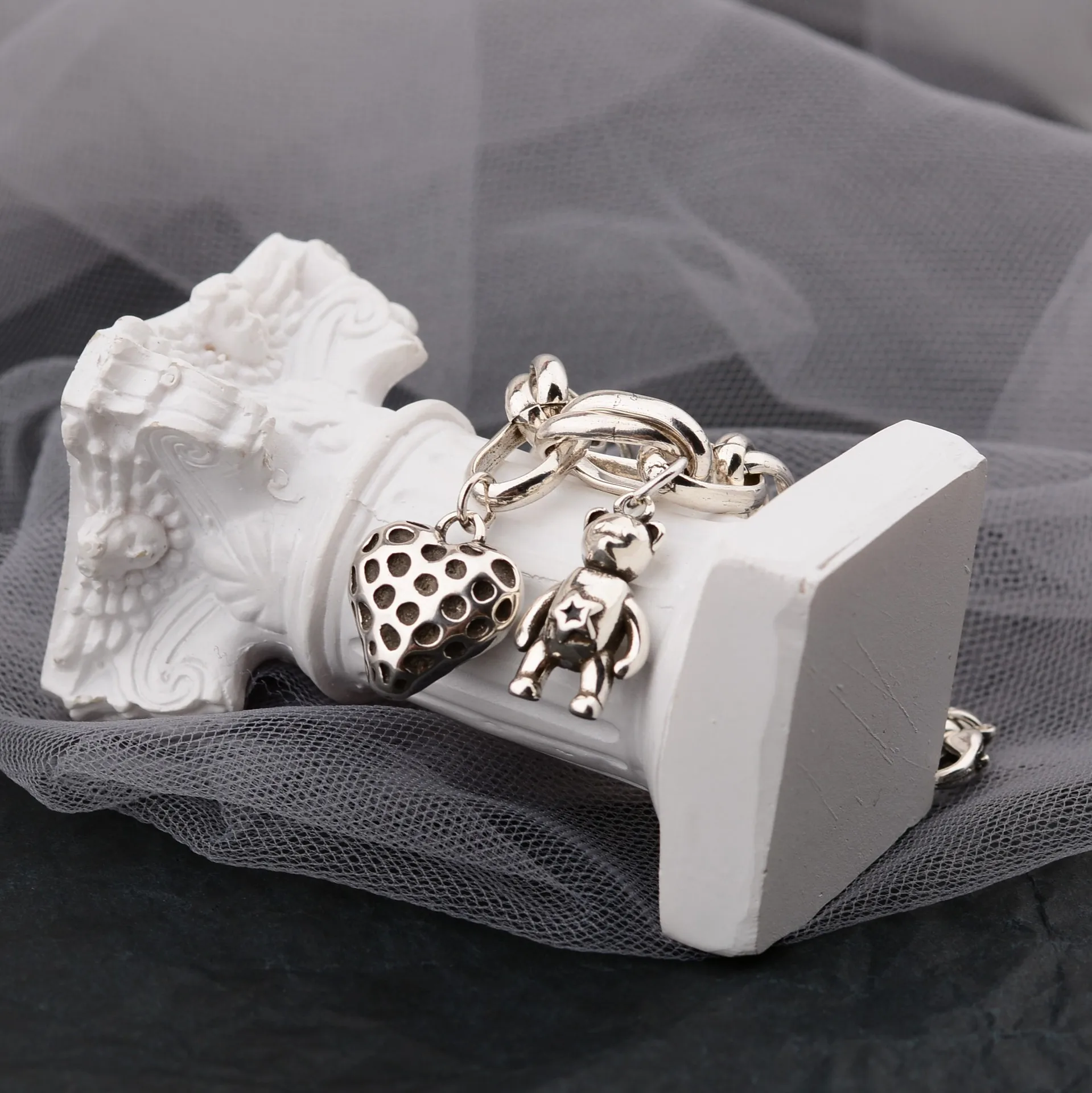 New Arrival Romantic Love Heart & Bear Animal Retro Thai Silver Female Charm Bracelet Jewelry For Women Birthday Gifts