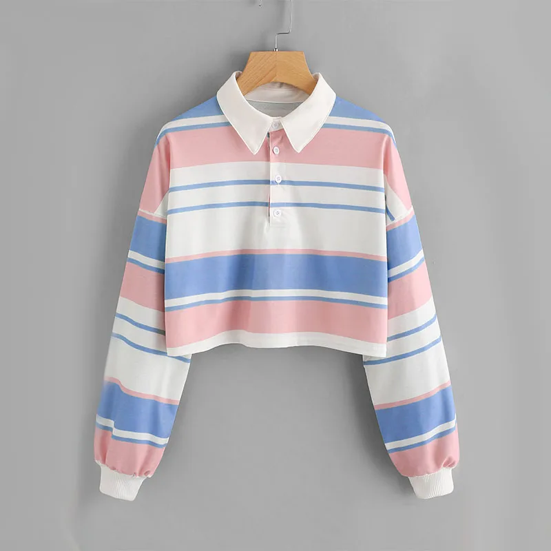 

Women's Long Sleeve Polo Shirt, Stripes, Button, Casual Loose Tees, Turn-Down Collar, Pullover Tops, Spring, Autumn