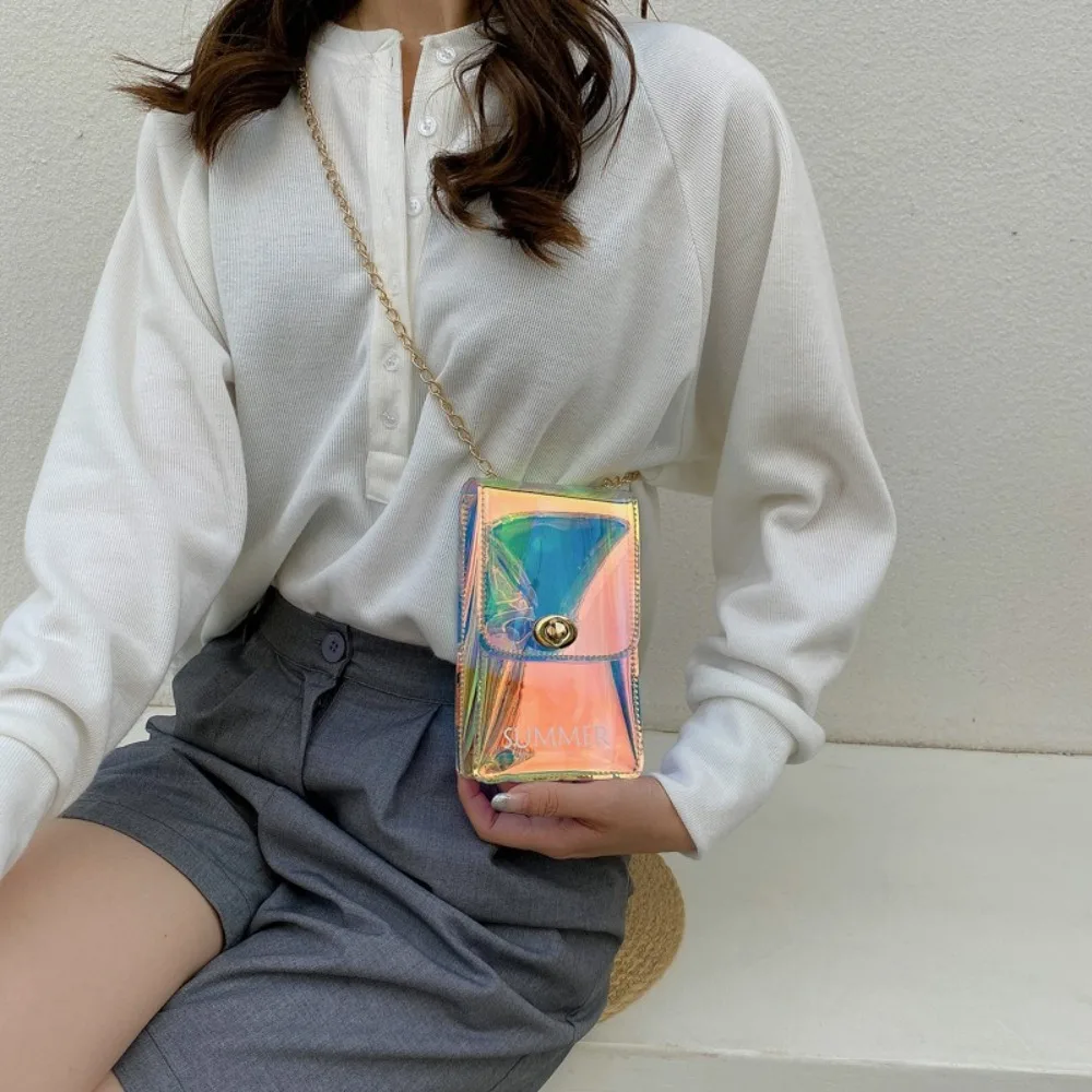 

PVC Transparent Crossbody Bag Waterproof Mini Laser Shoulder Bag Korean Style Phone Bag Vacation Beach Bag