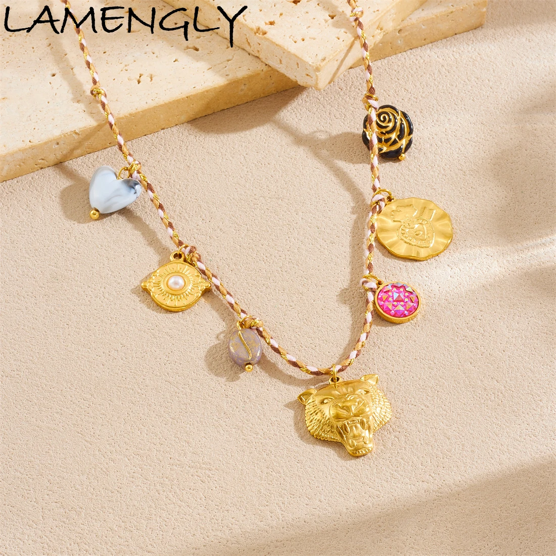 

LAMENGLY 316L Stainless Steel 3-color Woven Rope Chain Pink Crystal Disc Flower Heart Leopard Pendant Necklace Trendy Neck Chain