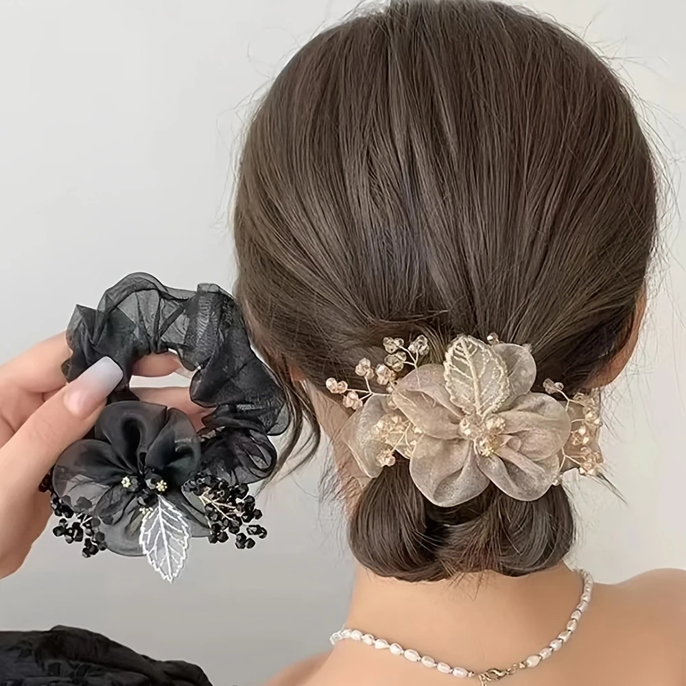 1/2pcs Fashion Lace Hair Ring Retro Embroidered Leaf Mesh Ponytail Headband Daily Matching Women's Perfect Gift Hair Accessories