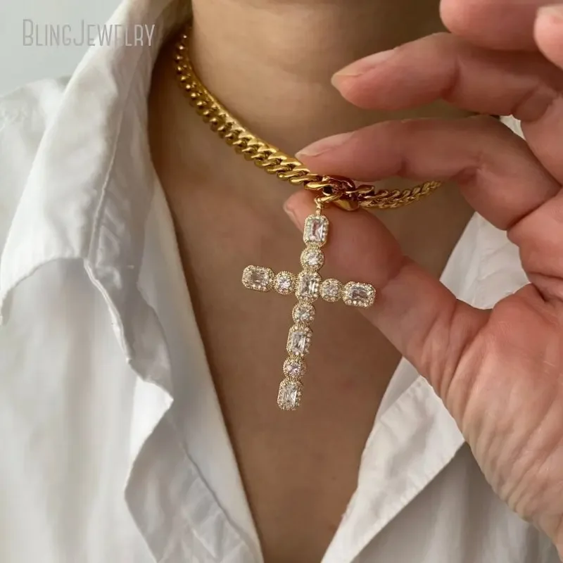 10pcs Gold Color Zircon Cross Choker Catholic Religious Necklace Stainless Steel Chain Christian Gift Women Statement Jewelry