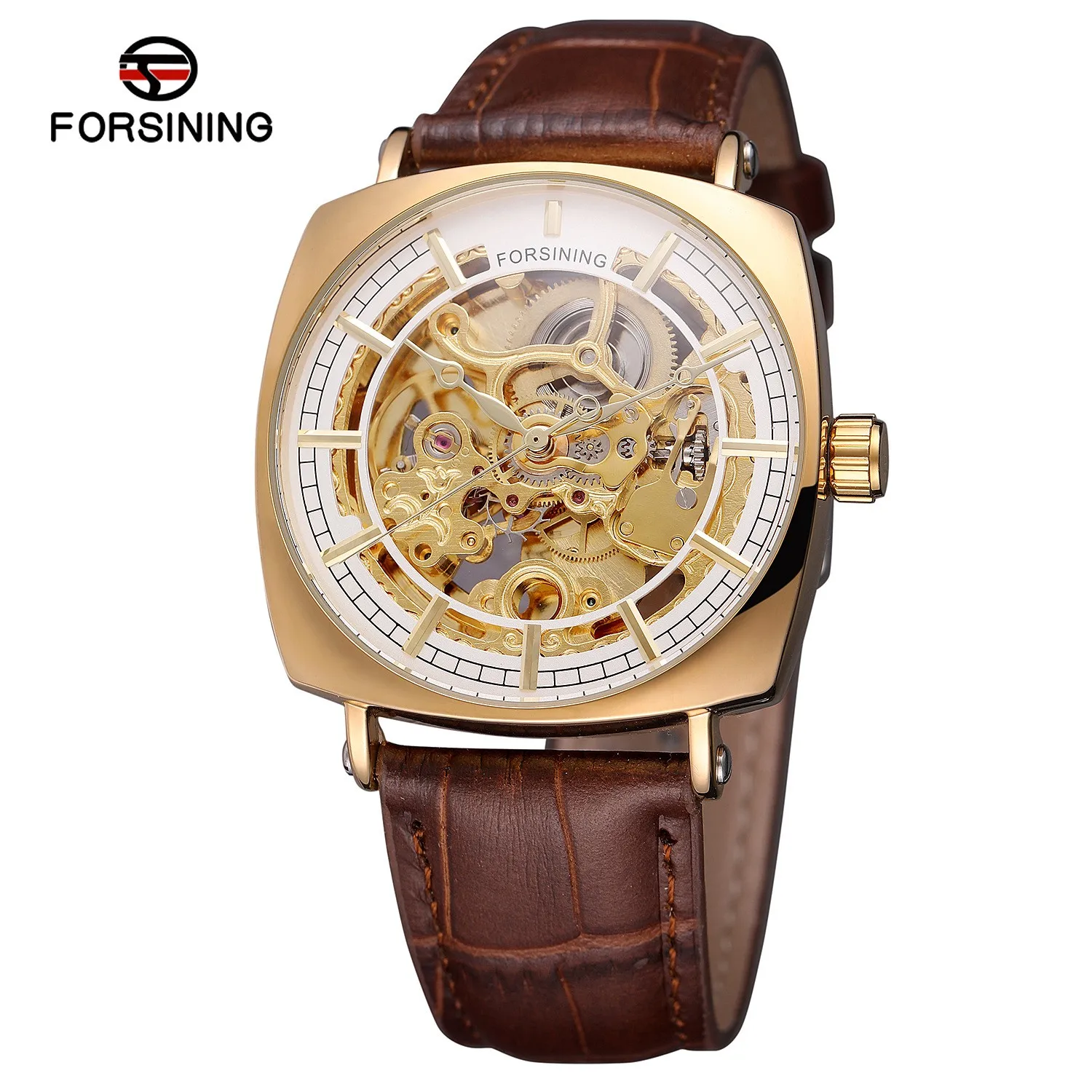 Fashion Forsining Top Brand Men's Automatic Mechanical Square Dial Casual Hollow Luxury Genuine Leather Business Wrist Watches