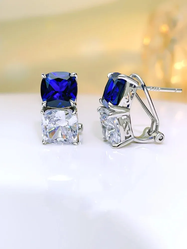 Fashionable and versatile color contrast dual stone 925 silver ear nail high carbon diamond sapphire temperament  personality