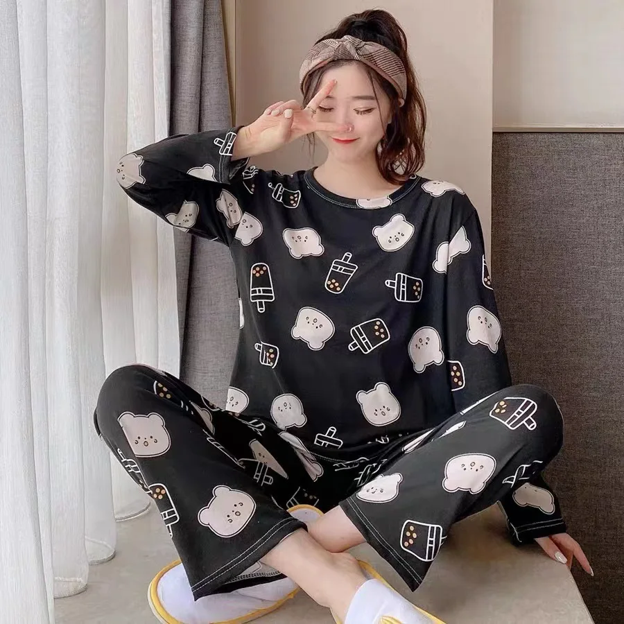 2PCS/Set Young Girl Spring and Fall Pajamas Long-Sleeved Fashion Casual Simple Cartoon Bear Print Homewear Floral Women Clothes