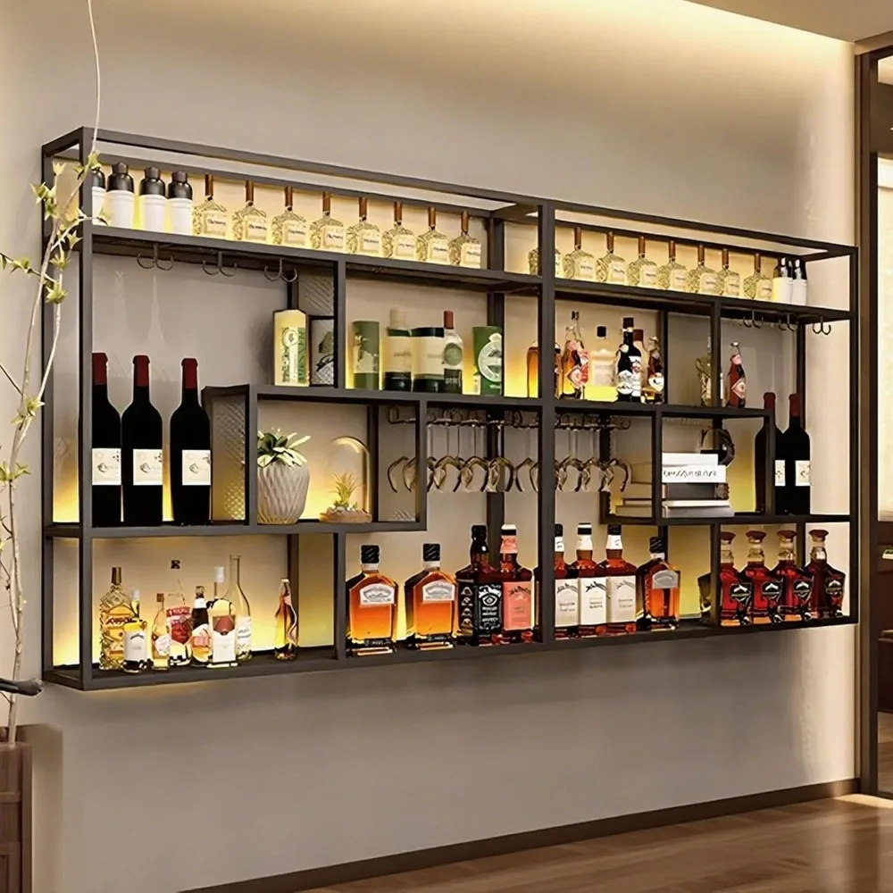 

95in Industrial Wall Mounted Wine Rack with Glass Holder, 4-Tiers Bottle Glass Holder, Iron Bar Liquor Display Shelf for Home
