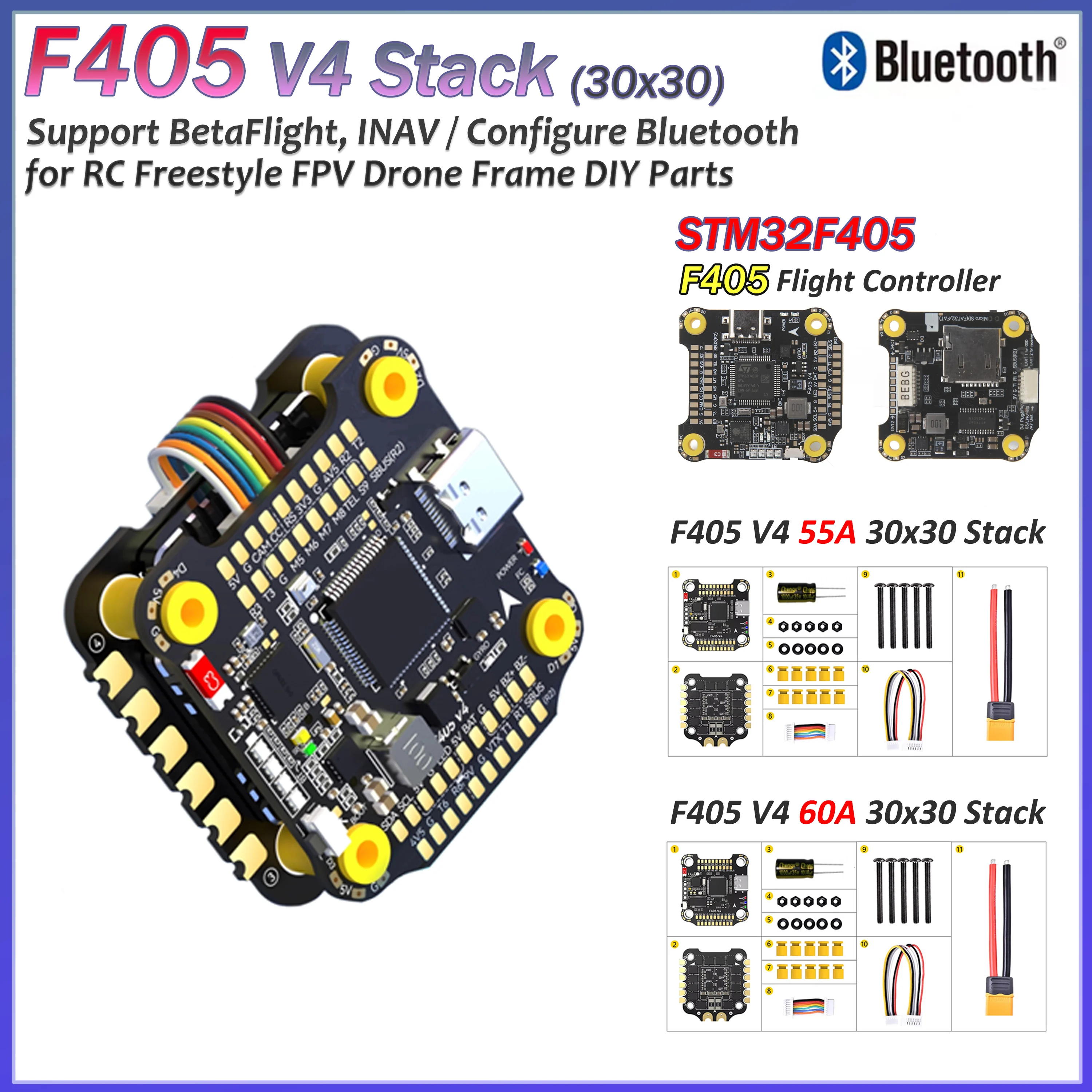 F405 V4 BLS 60A/55A 30x30 FC&ESC Stack F4 Flugcontroller INAV Betaflight Bluetooth-Konfiguration für FPV Freestyle Drohne DIY-Teil