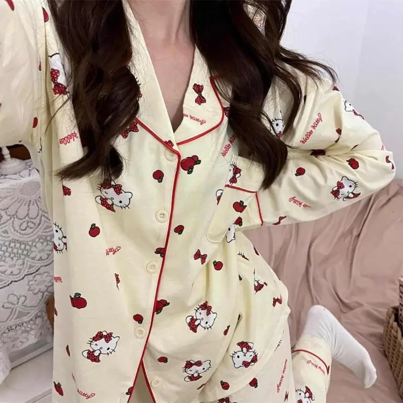 Sanrio Hello Kitty Cartoon Japanese Version Cute Pajamas Girl New Long Sleeved Sleepwear Y2K Sweet Girl Style Home Clothes New