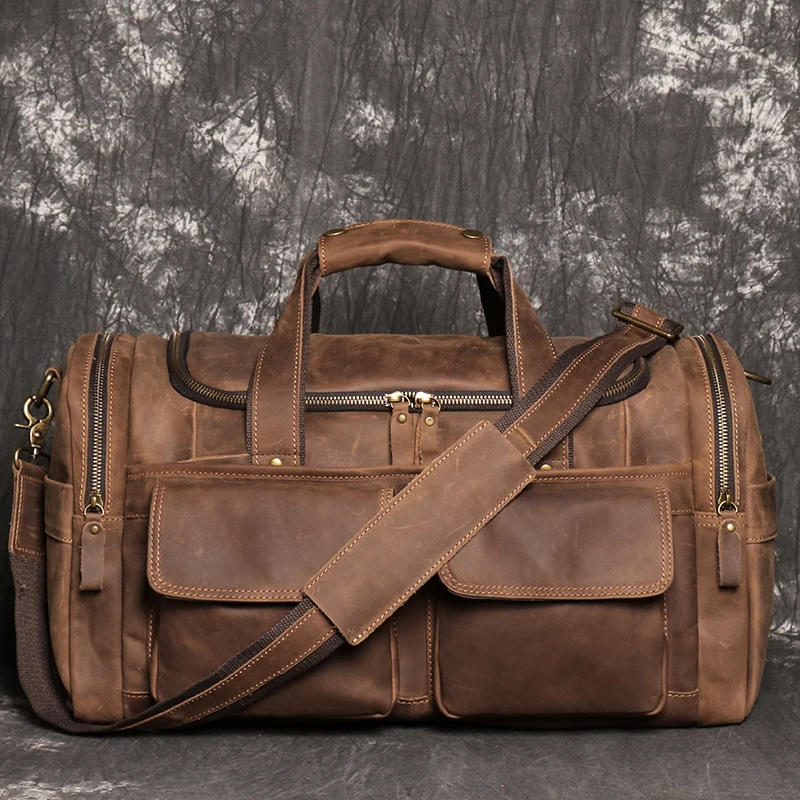 Retro Brown Men's Hand Luggage Bag Crazy Horse Leather Large Capacity Travel Bag Business Weekend One Shoulder Messenger Bag