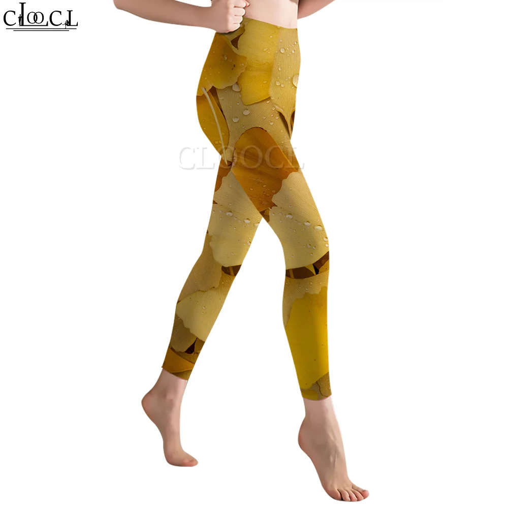 CLOOCL – pantalon de Yoga pour femmes, Leggings d'automne jaune, feuille de Ginkgo graphique 3D imprimé, pantalon décontracté, Jogging, taille haute, extensible