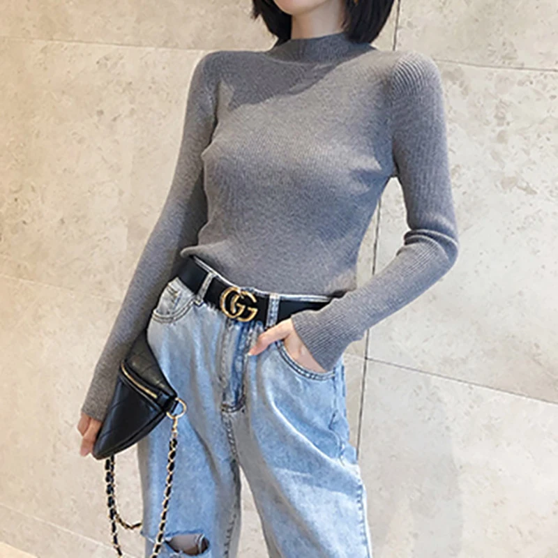 ABRINI Autumn Women Slim Mock Neck Sweater Long Sleeve Warm Knitwear Pullovers Winter Solid Bottoming TRAF Women Sweaters 2023