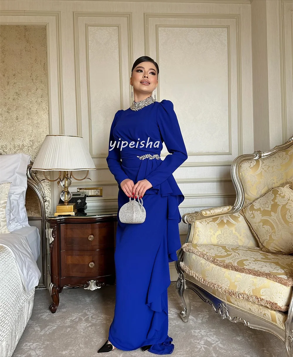 Customized Matching Modern Style Jersey Rhinestone Pleat Draped Straight High Collar Long Dresses Bespoke Occasion Dresses Sexy