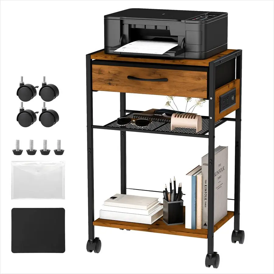 

Printer Stand with Charging Station, Wood amp Metal Printer Table with Storage Drawer for Home Office, Rolling Printer Cart with