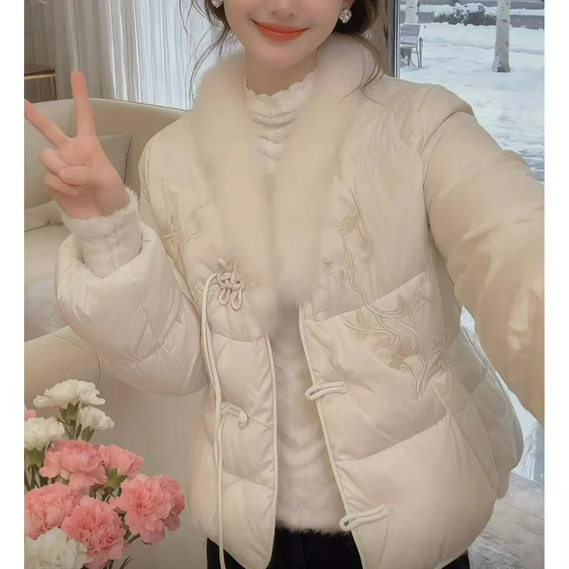 

Однотонное свободное теплое пальто с меховым воротником и вышивкой, осень-зима 2026, хлопковая стеганая куртка в китайском стиле для женщин