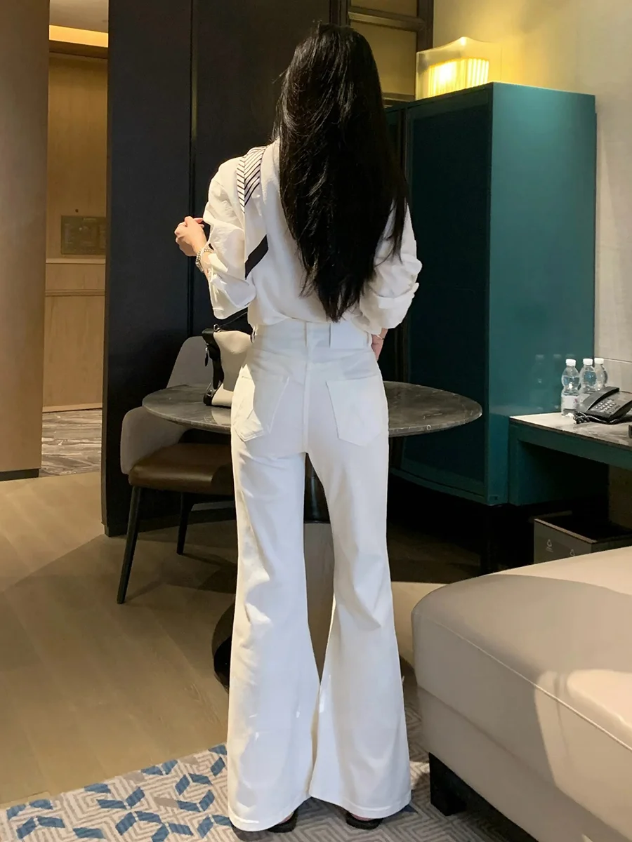 

High Waist Straight Leg Bell Bottom Jeans Women's White Slimming Long Pants Comfortable Cotton Stretch Denim Commute Style