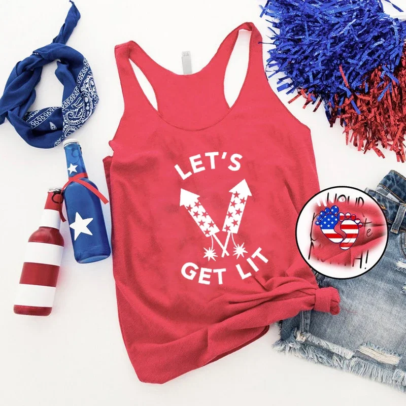 

Fireworks Tank Top July Fourth Tanks Let's Get Lit Patriotic Muscle Tank Top Workout Muscle Shirts Funny 4th of July Tops L