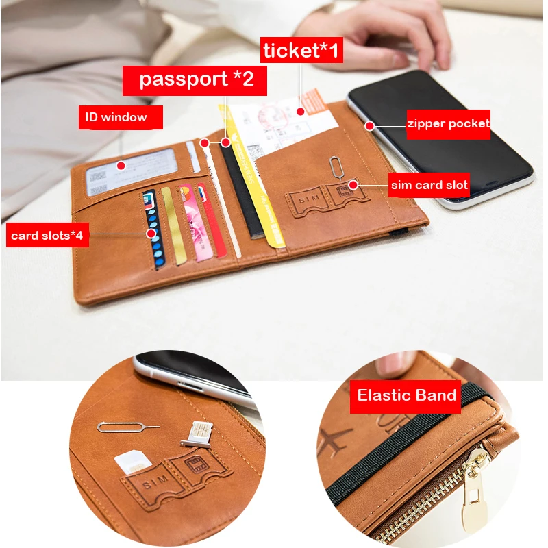 Boarding Pass Passport Holder Cover Protector with Elastic Band  RFID Blocking Zippered Leather Travel Wallet Case for Women Men