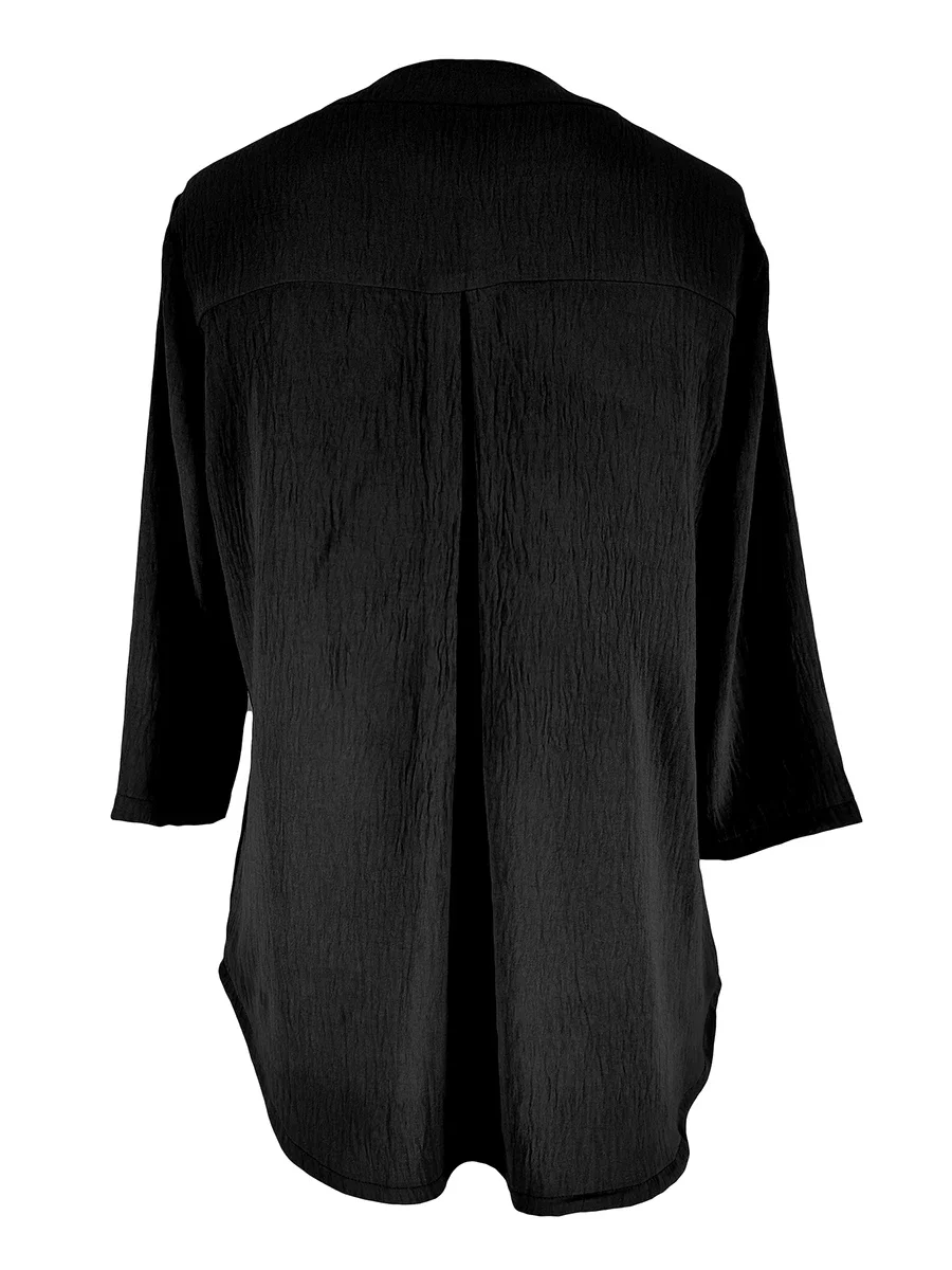 Heißer Verkauf Elegantes Damen-Oberteil mit Reißverschluss und V-Ausschnitt, Schwarzes Top, Modische 3/4-Ärmel-Bluse, Locker Sitzendes T-Shirt mit Tasche, Büro-Damenhemd – Detail 6