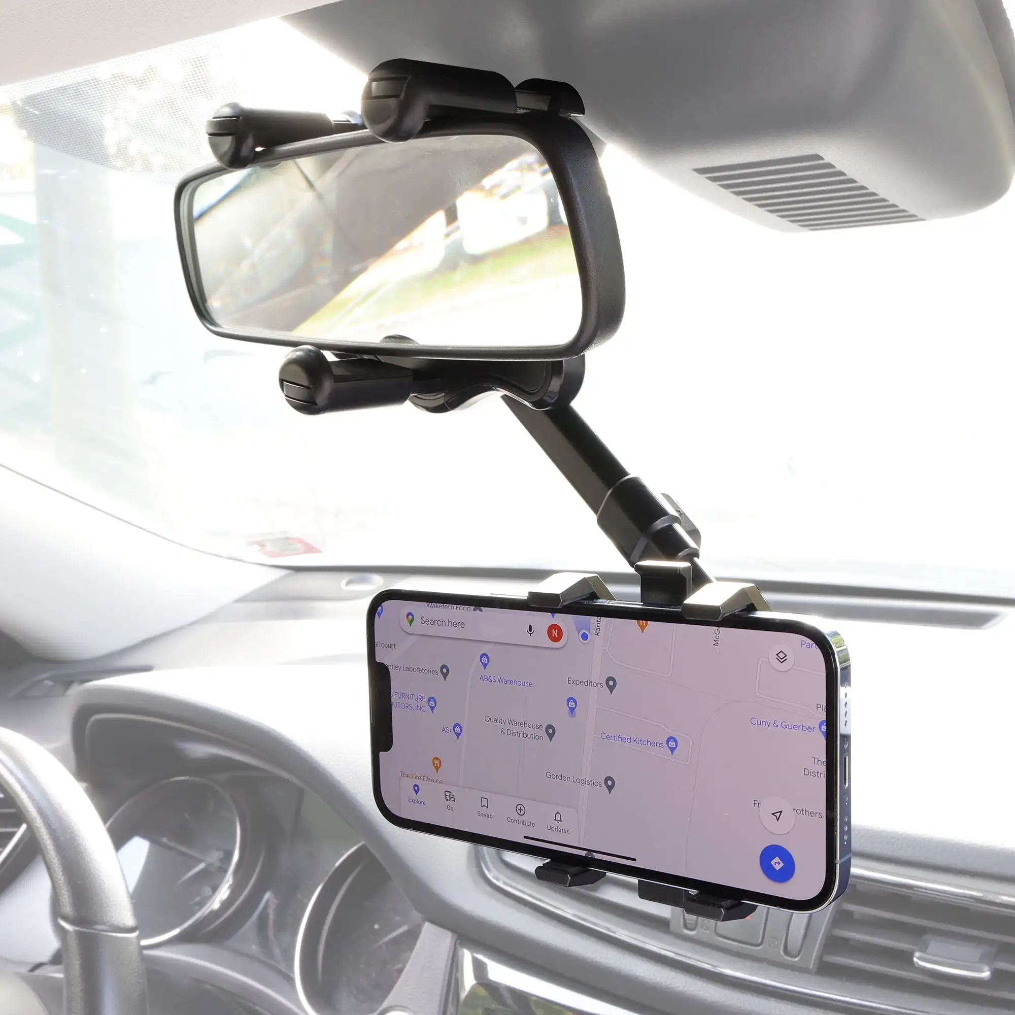 360 Degree Rearview Mirror Mobile Plastic Black Phone Mount, Universal Multifunctional Design