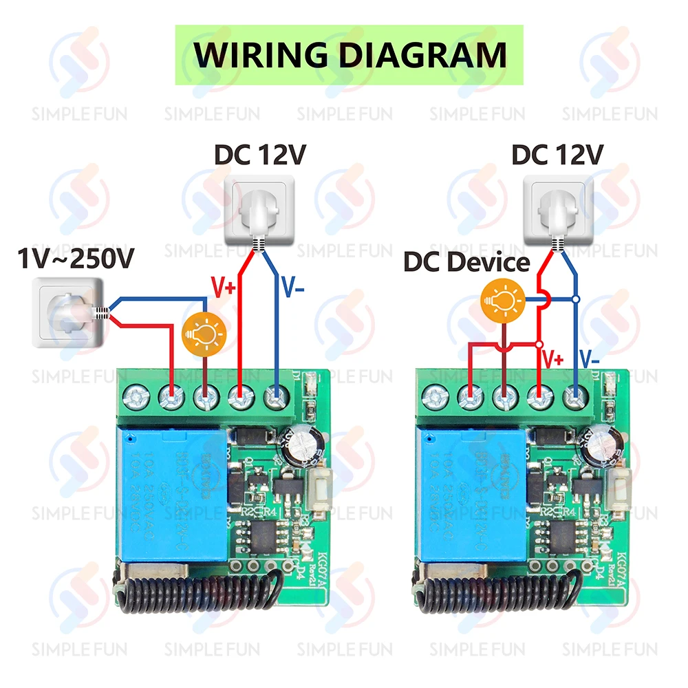 433Mhz Wireless Remote Control Switch DC 12V 10A 1CH Relay Module 50M Transmitter for Light/Electric Door/Electronic lock/Fan