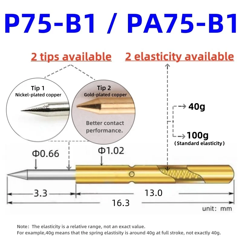 20/100PCS P75-B1 Spring Test Probe P75-BTest Pin PA75-B PA75-B1 Test Tool 16.3mmDia 1.02mm Needle Tip Dia 0.66mm PogoPin