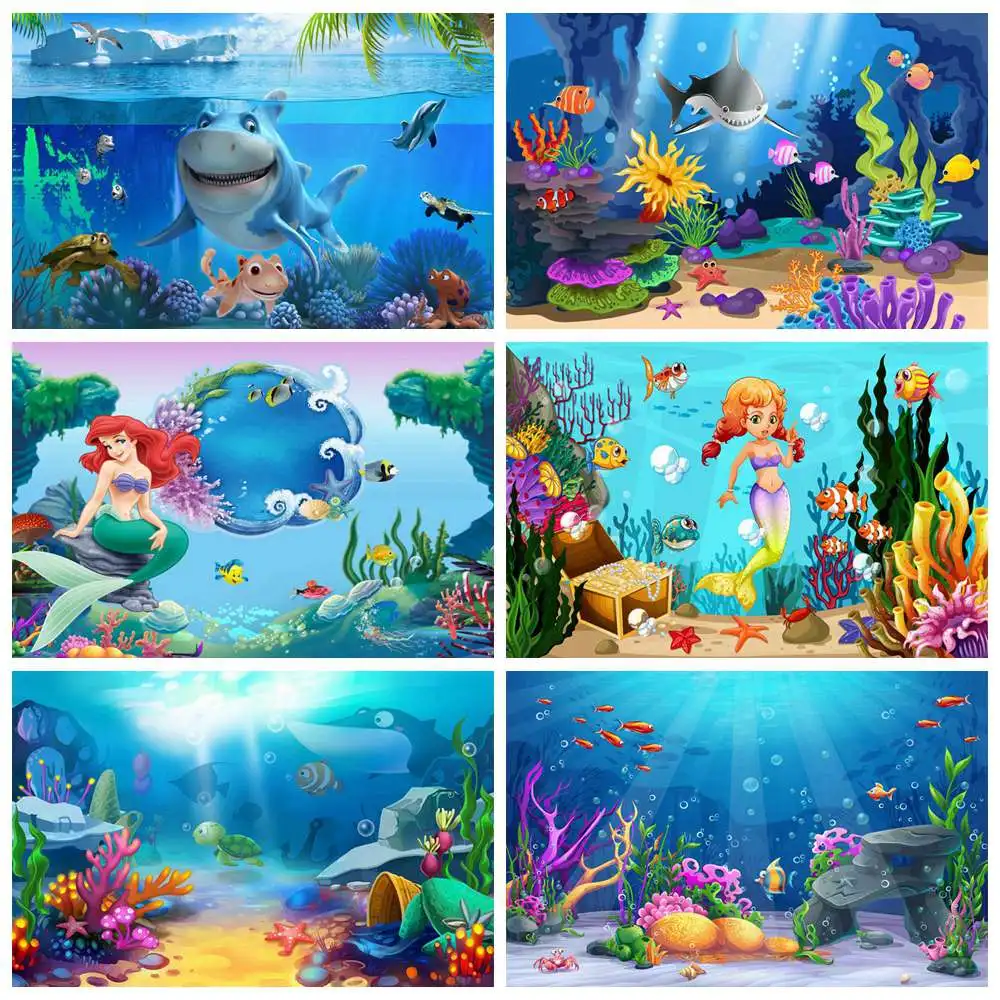 

Shark Mermaid Birthday Party Backdrops Photography Decoration Tropical Aquarium Undersea Dolphins Custom Baby Photo Background