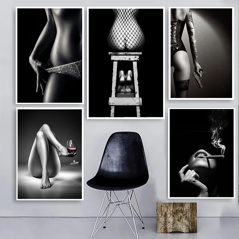 لوحات قماشية عارية بالأبيض والأسود مثيرة للنساء ، ملصقات ، مطبوعات ، فن جداري ، سيجارة ، نبيذ أحمر ، منزل ، ديكور غرفة ، صور #1